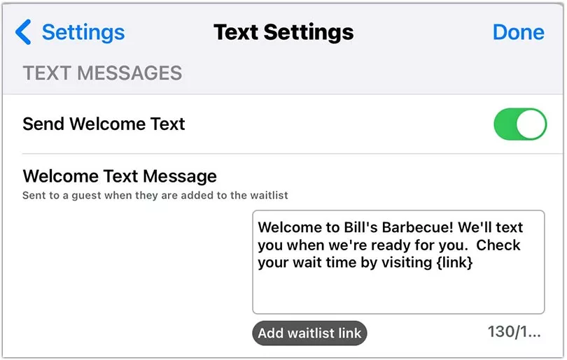 An example of personalizing your text messages in the Waitly App