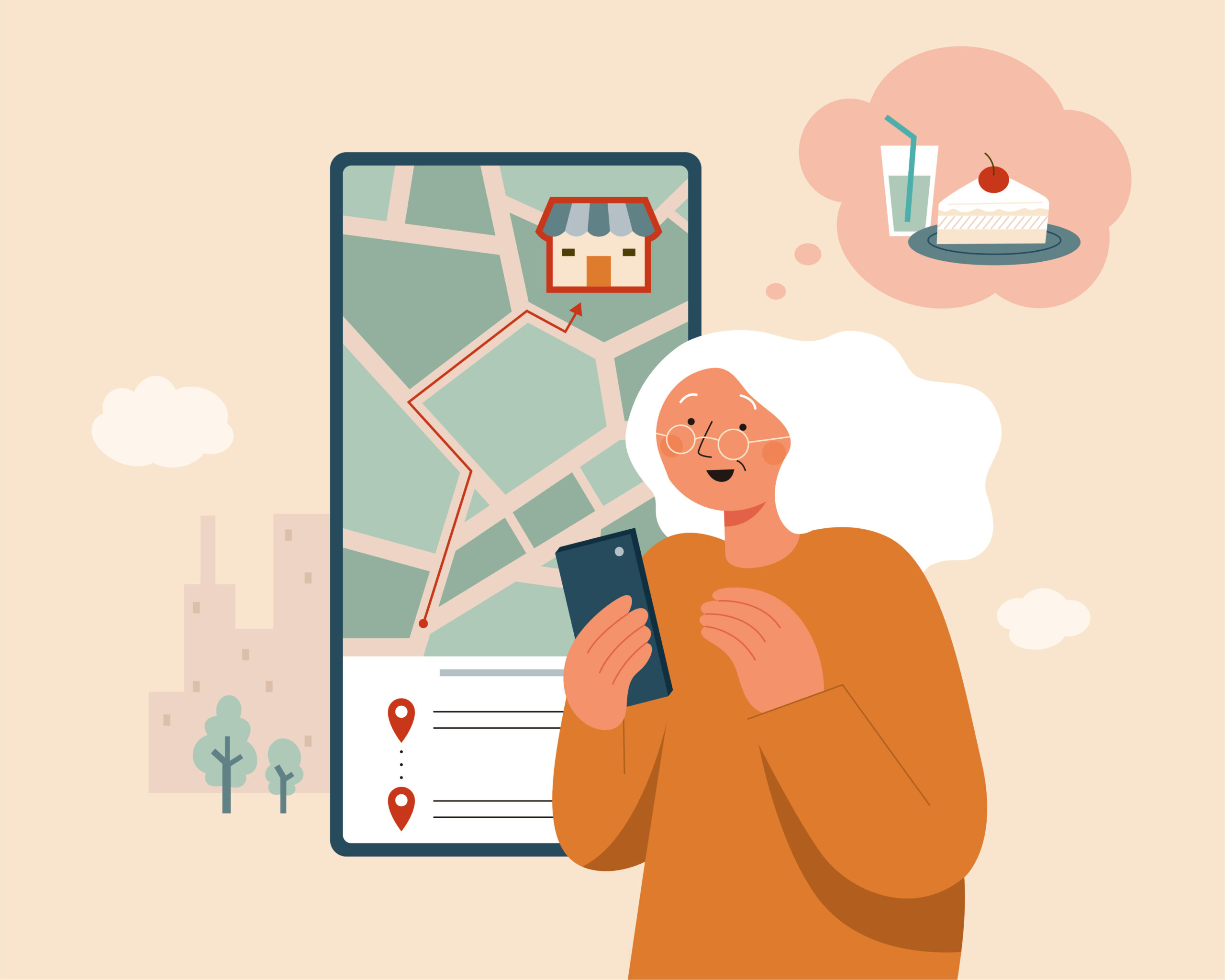 Senior woman using a smartphone GPS map to find a restaurant, illustrating local SEO for restaurants